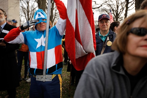 Jim Griffin of Maryland dresses as Captain America at a rally in opposition to health care reform.