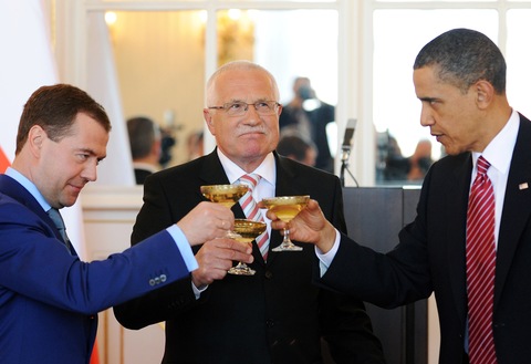 Presidents Dmitry Medvedev of Russia, Vaclav Klaus of the Czech Republic and Barack Obama