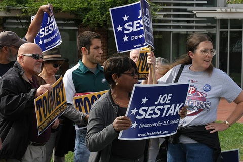 Sestak and Toomey supporters at a Philadelphia rally; Creative Commons photo courtesy TaniaGail (flickr.com/skye820)