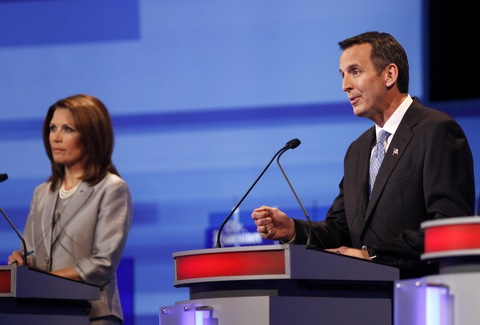 Michele Bachmann and Tim Pawlenty; photo by Charlie Neibergall/Pool-Getty Images