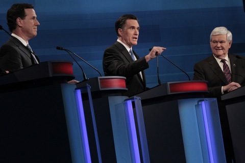 Rick Santorum, Mitt Romney and Newt Gingrich; photo by Charles Dharapa/Getty Images