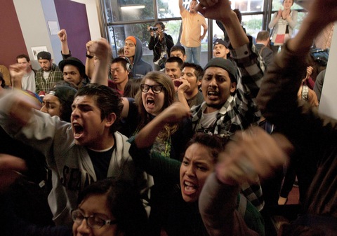Students protest outside a Board of Trustees meeting at Santa Monica College on April 3; Michael Yanow/Getty Images