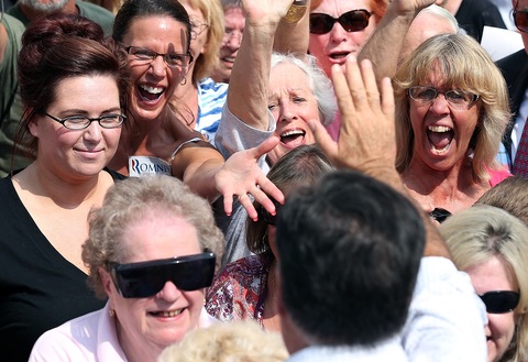 Mitt Romney and women supporters; photo by Justin Sullivan/Getty Images